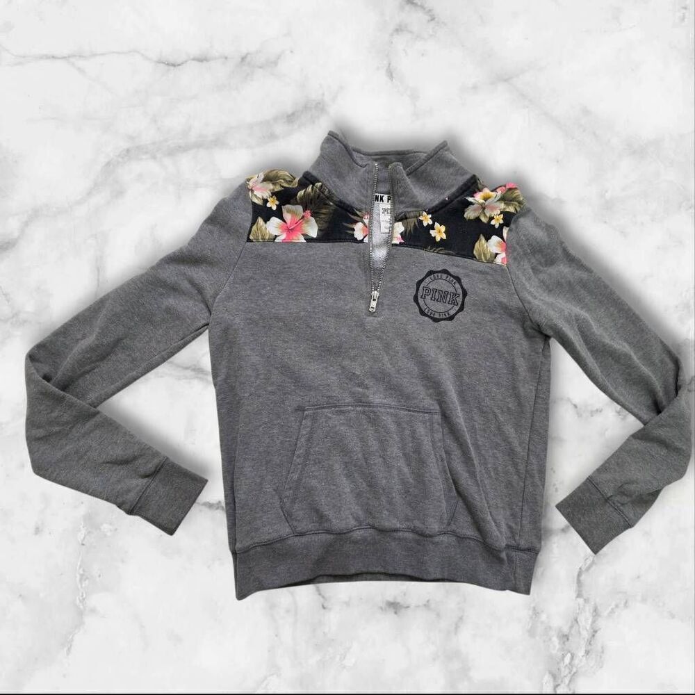 Victoria Secret Pink Quarter Zip Floral Gray Size Small